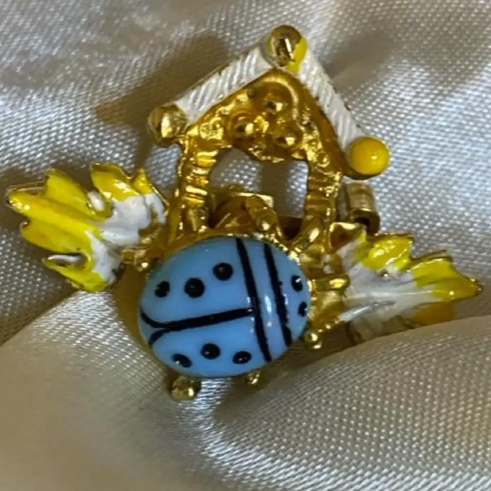 Vintage Blue Ladybug Fairy Garden Brooch Enamel Cottage Floral Gold Tone Pin